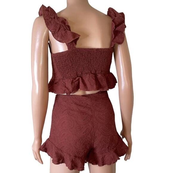 Eyelet Embroidery Ruffle Trim Knot Front Cami Top & Shorts Set SZ 4 chocolate - Picture 7 of 14